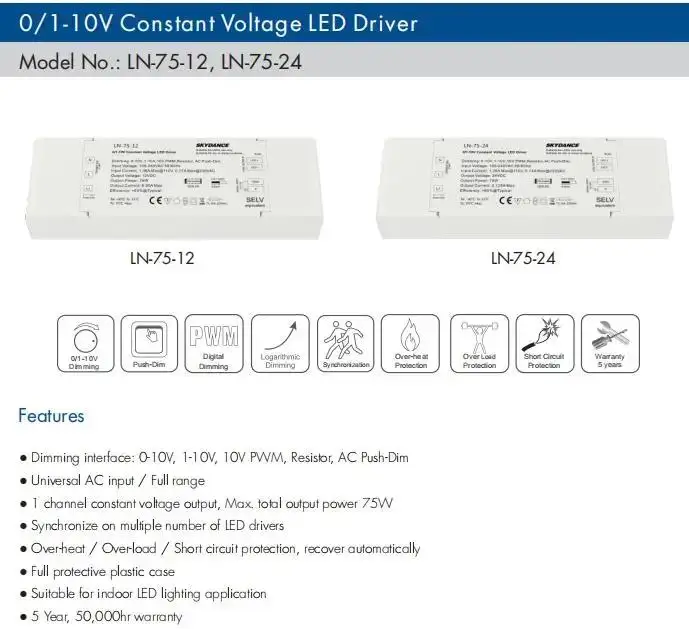 Skydance1/0-10V PWM Dimmable LED Driver 40W 75W Constant Voltage AC Push-Dim Power Suppl For Single Color LED Strip  12V/24V