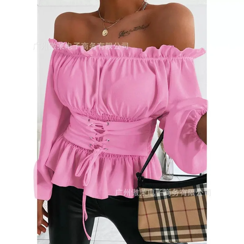 Women\'s Solid Color Slim Fit Pleated Bandage Shirt 2024 Spring Summer New Blouse Top Women\'s Casual Off-Shoulder Slash Neck Top