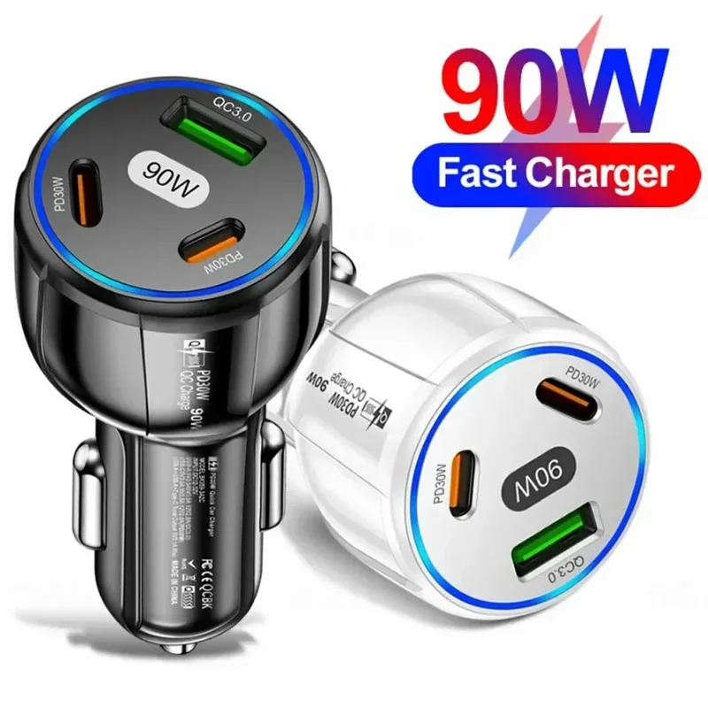 

90W 3-in-1 Car Fast Charger Quick Charge 3.0 Moblie Phone Fast Charging 3 Ports USB Type C For iPhone 15 14 Xiaomi Huawei