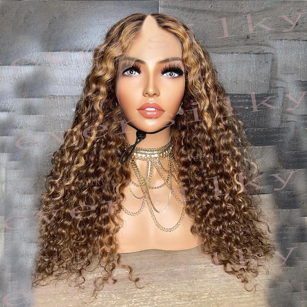 Peluca en forma de U rizada Afro rubia dorada miel 100% cabello humano con Clips/peines marrón castaño parte completa en V para mujeres extremo completo