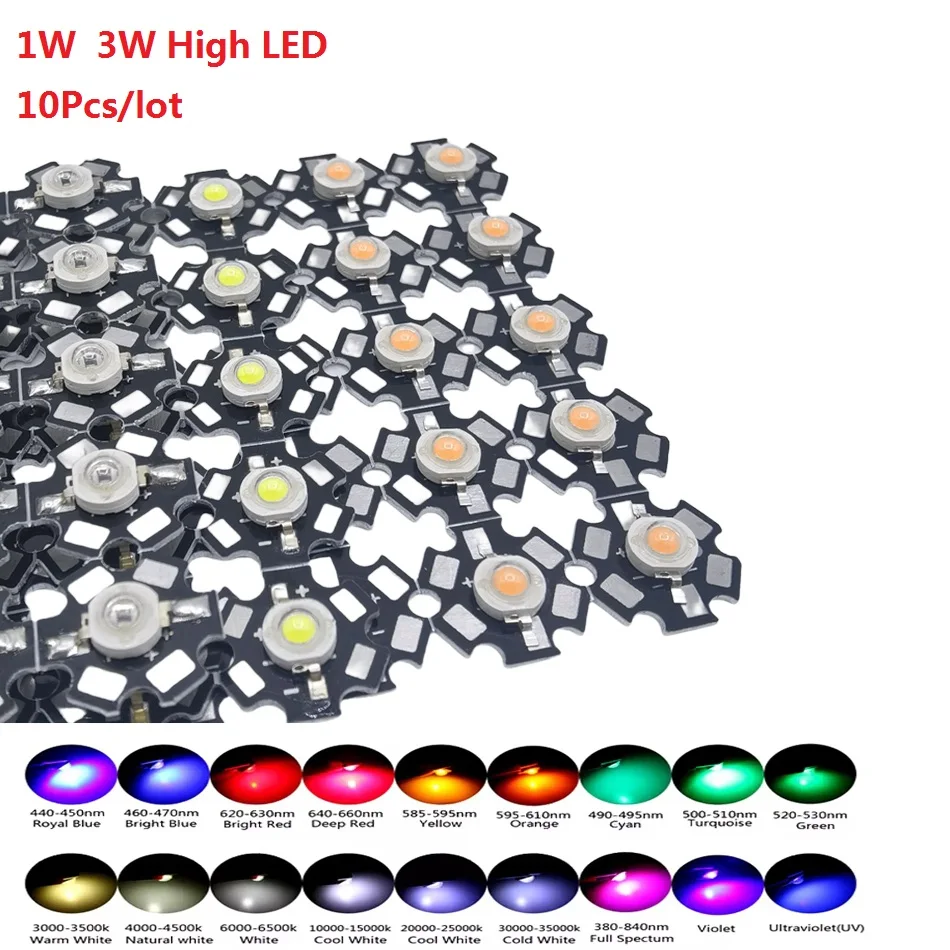

10Pieces 1W 3W High LED Power UV Warm white/cool white /natural white/red/green/Blue/Royal blue IR LED with 20mm star pcb