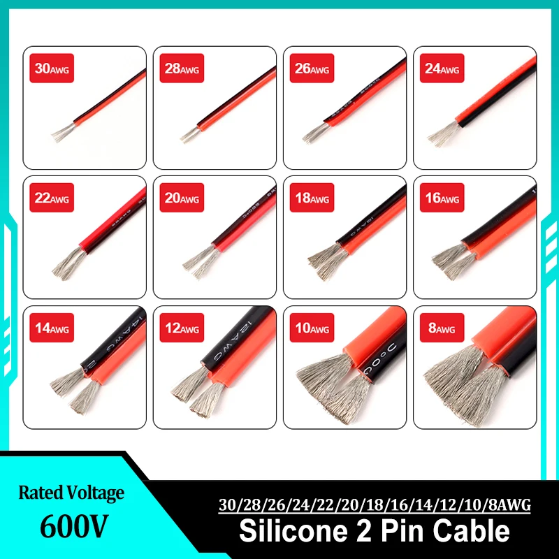 

Red Black Silicone 2 Pin Cable 30 28 26 24 22 20 18 16 14 12 10 8AWG 600V High Temperature Power Cord Tinned Copper Wire