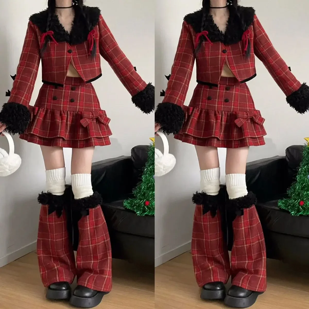 

New Year's Battle Robe High End Retro Wool Contrast Short Coat+High Waist Mini Skirt+Leg Covers Red Three Piece Set for Wmen