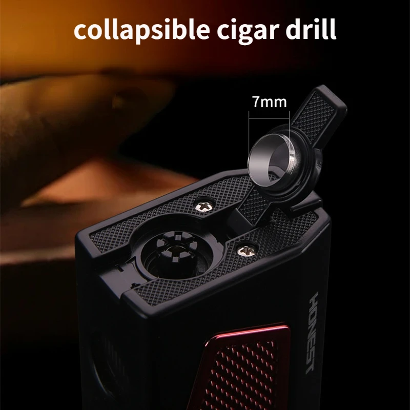 HONEST Outdoor Windproof Butane Gas Lighter Four Blue Flame Torch Straight to Cigar Tools Folding Cigar Cutter Men\'s Gift