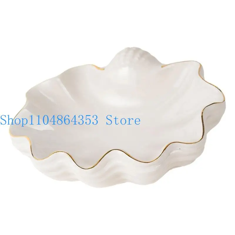 652F Elegant White Ceramic Shell Shaped Jewelry Storage Tray for Rings and Earrings