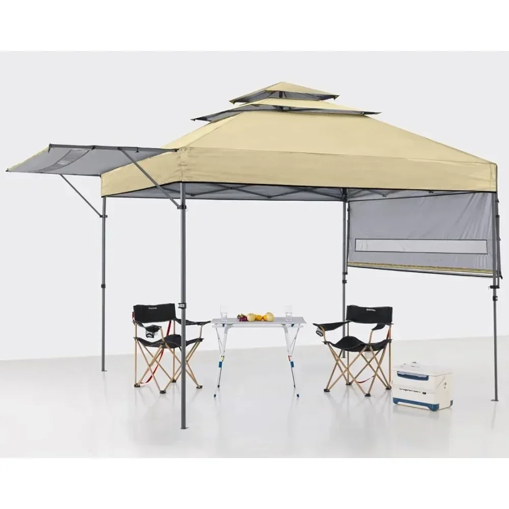 Toldo emergente para tienda de campaña al aire libre, toldo instantáneo de 3 niveles con dos toldos ajustables, marquesina para puerta Exterior, pérgola Beige