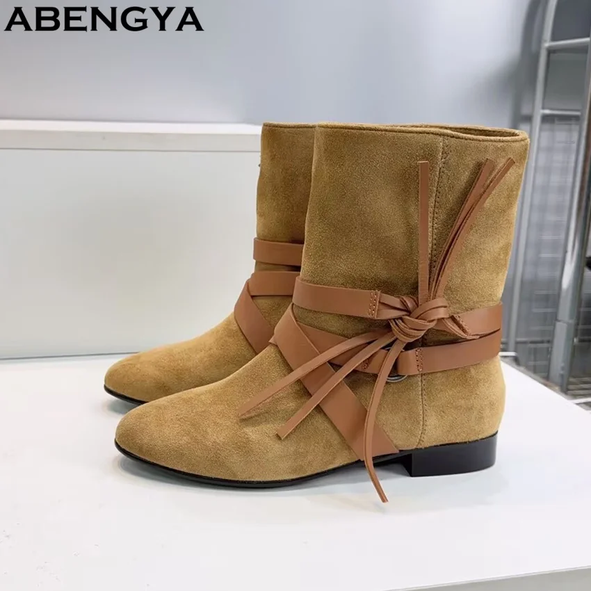 Autumn Quality Suede Leather Flat Knight Boots Women Leather Belt Casual Shoes Botas Woman Round Toe Women's Short Boots Mujer