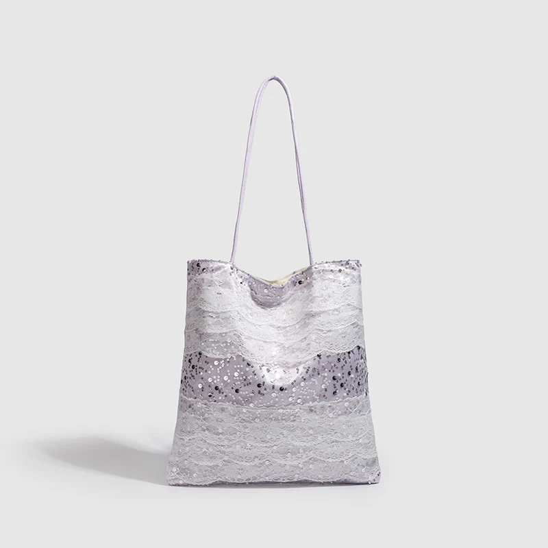 

Spring fashion new women's canvas patchwork sweet floral pleated handbag designer lace sequins large capacity commuting bag