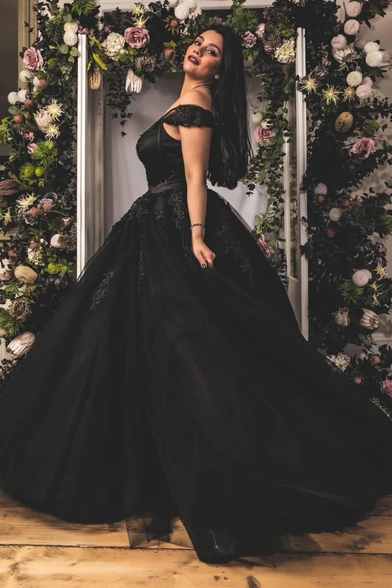 Jessica-Robe de mariée noire gothique avec broderie de perles, robes de Rhde luxe, dame élégante en tulle, robe éducative personnalisée