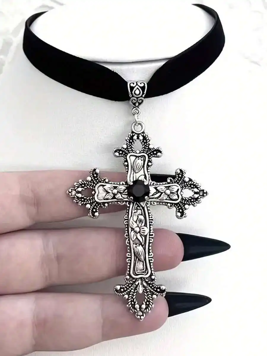 

Gothic Cross Pendant Choker Necklace With Black Stone Vintage Punk Style