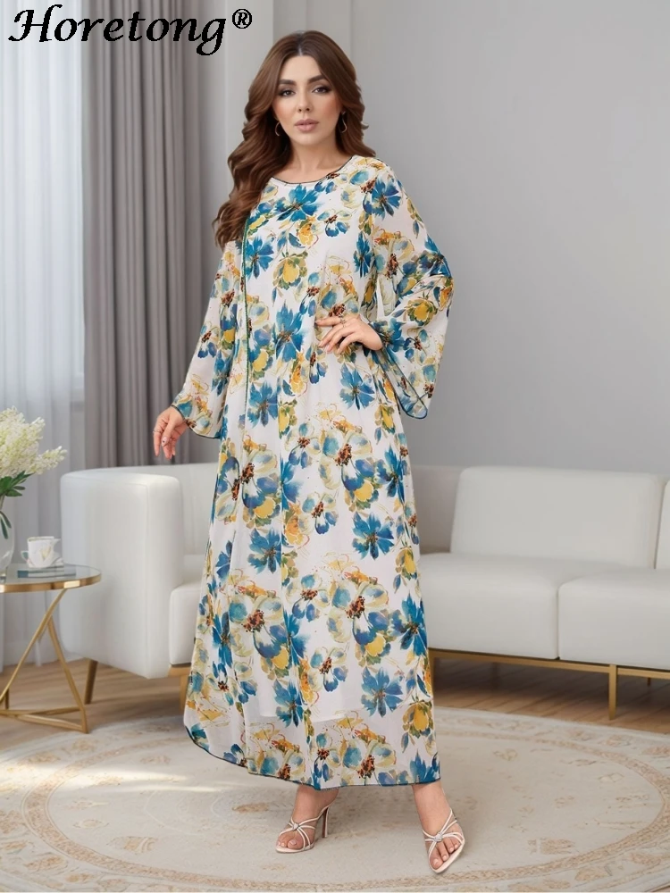

Horetong Summer Muslim Abaya Women Chiffon Beaded Trim Floral Print Flare Long Sleeve Loose Modest Islamic Elegant Maxi Dress