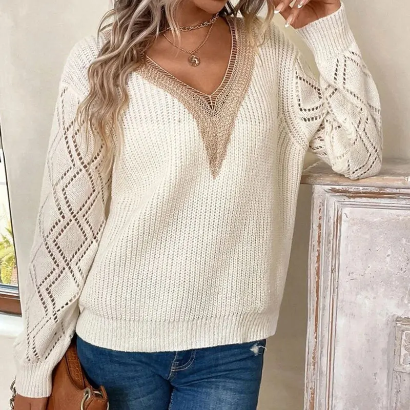 

Solid V Neck Knitted Sweater, Hollow Out Long Sleeve Casual Sweater For Fall Winter Women's Clothing