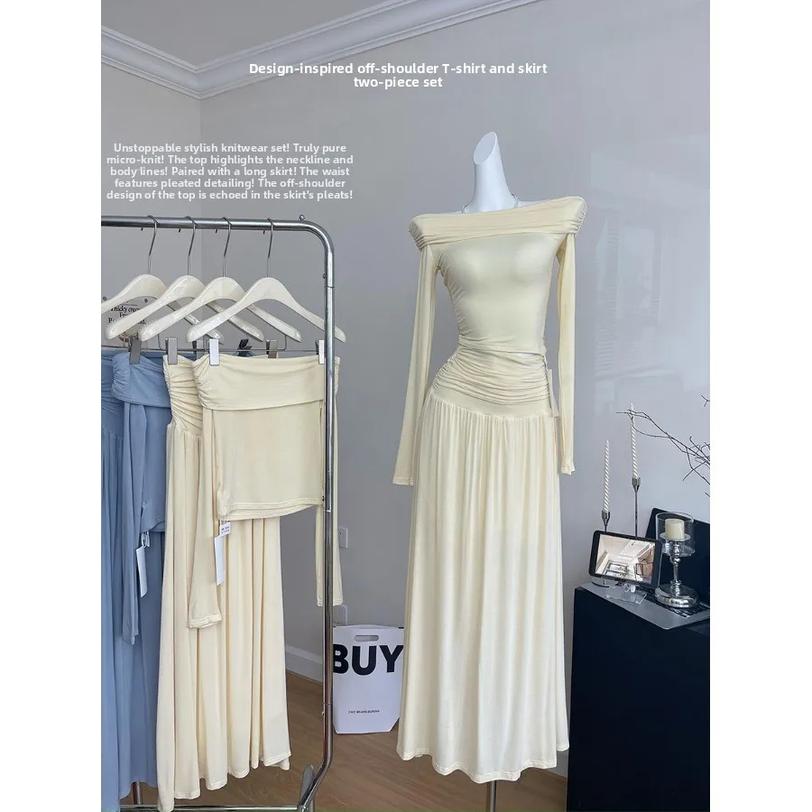 

Xia Xia Lin Soft Cru Design oulder T-irt Set Women's High Waist Midi Skirt Two-piece Set Long Sve Faion Ensemble