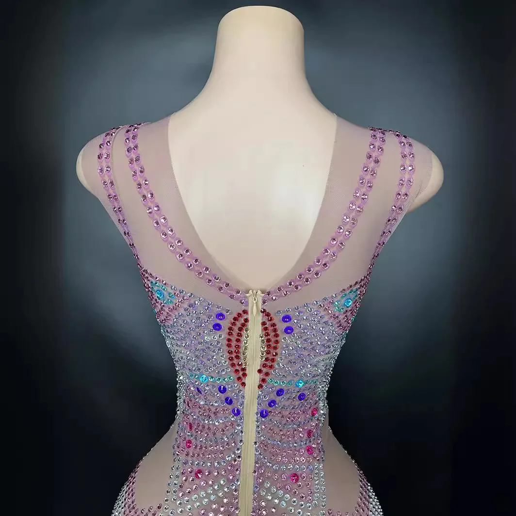 Color Diamond Sleeveless Long Party Dress - Famous Style Pattern, Gentle Sexy Hip-Wrapped Design White Dresses With Rhinestones