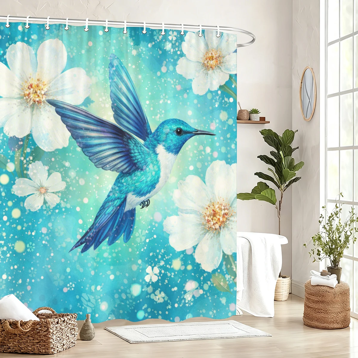 

Whimsical Themed Polyester Shower Curtain - Adorable Gnome, Highland Cow & Hummingbird Printed Bath Curtain for Home Bathroom