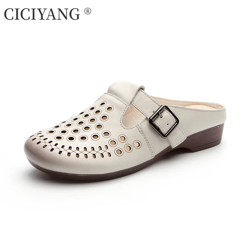 CICIYANG Women\'s Slippers Genuine Cowhide Leather 2024 Summer New Cover Toe Retro Flats Soft Sole Casual Outdoor Ladies Sandals