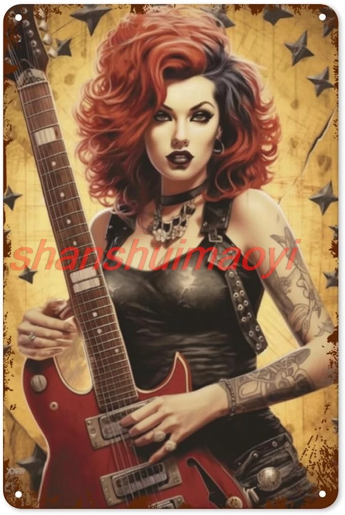 Punk Rock n Roll Pin-Up Girl Tin Sign - 8x12 Inch - Retro Tin Sign Metal Wall Decor Poster Vintage Tinplate Sign for Home B ALL