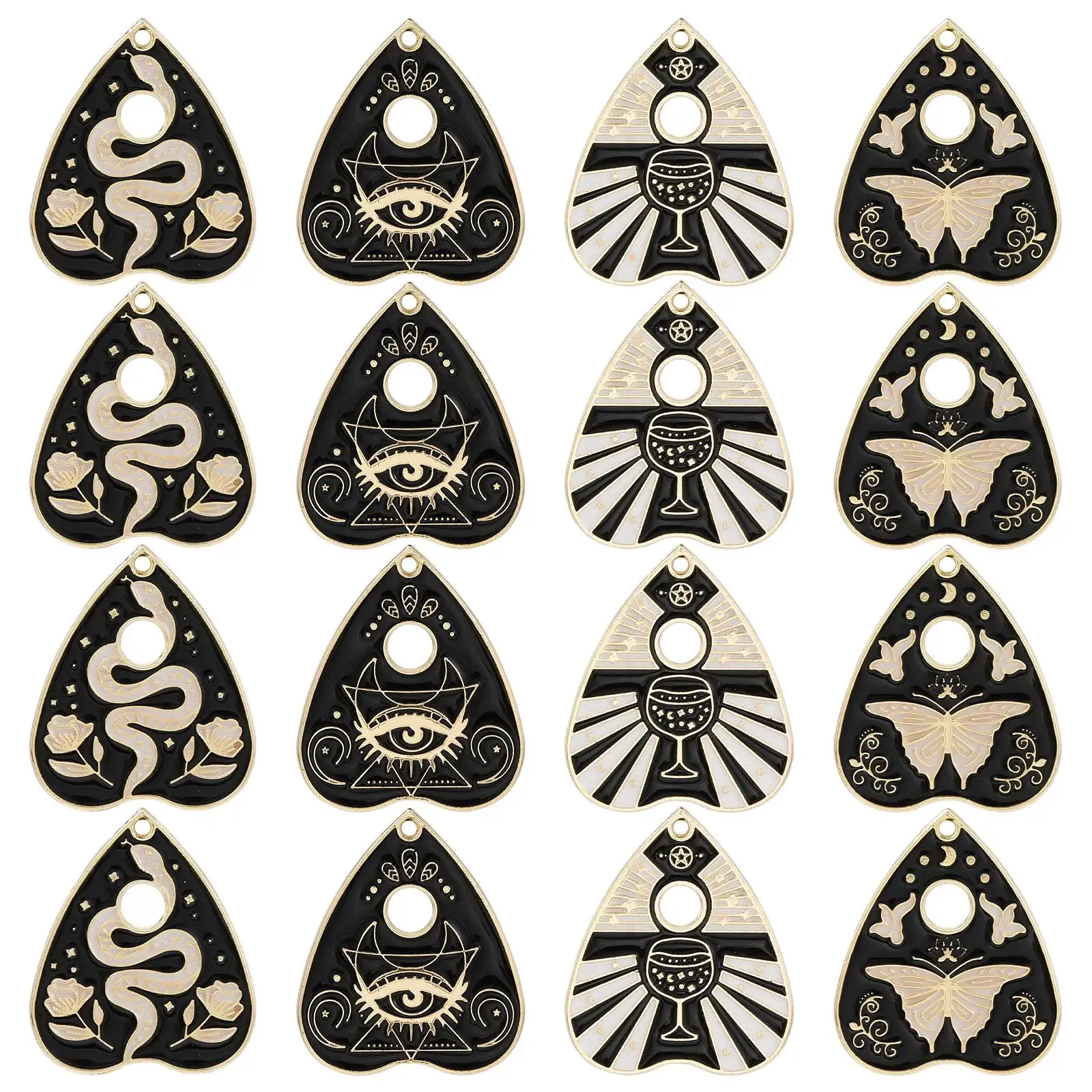 Pandahall 20Pcs 4 Styles Gothic Charms Divination Theme Enamel Black Heart Charms Religious Charms for DIY Jewelry Making