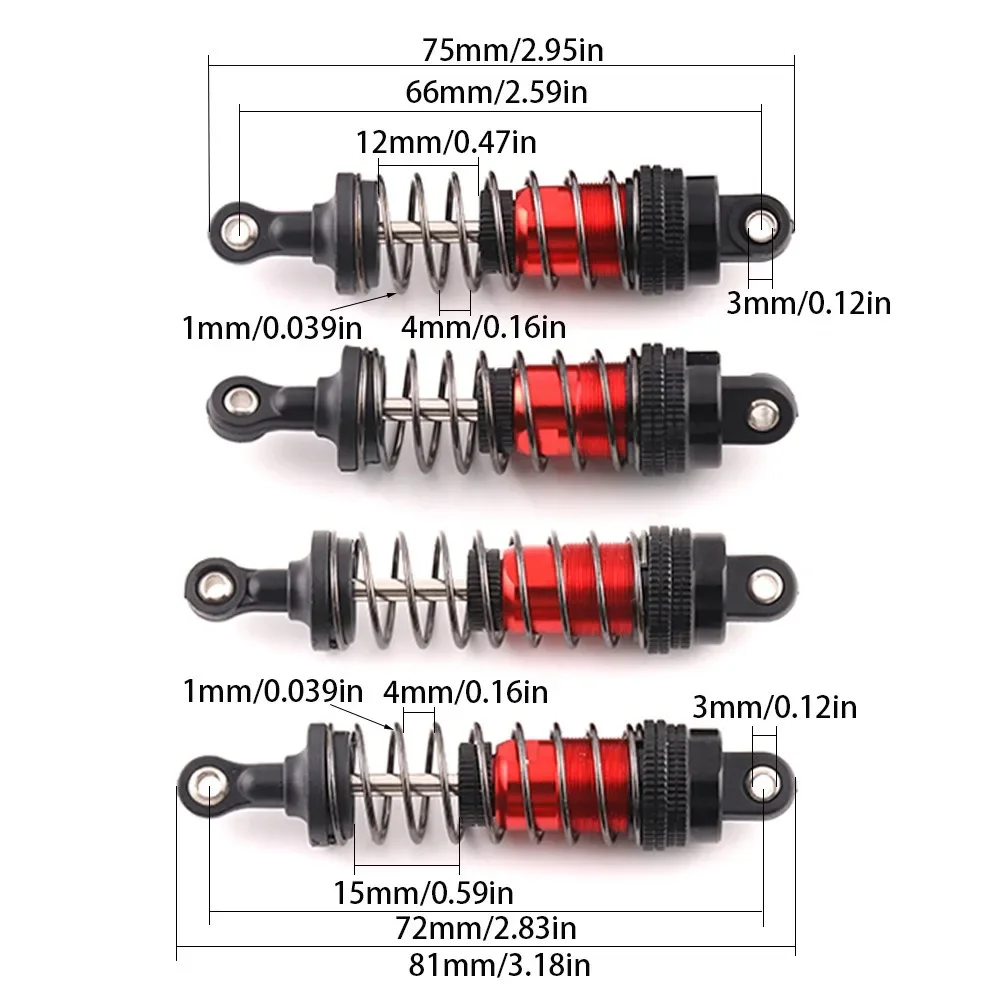 Amortiguador de Metal de 4 Uds., 75mm, 81mm, para MJX 16207 16208 SCY 16101 16102 Wltoys 144001 124019   HBX 16889 Actualizaciones de automóviles RC