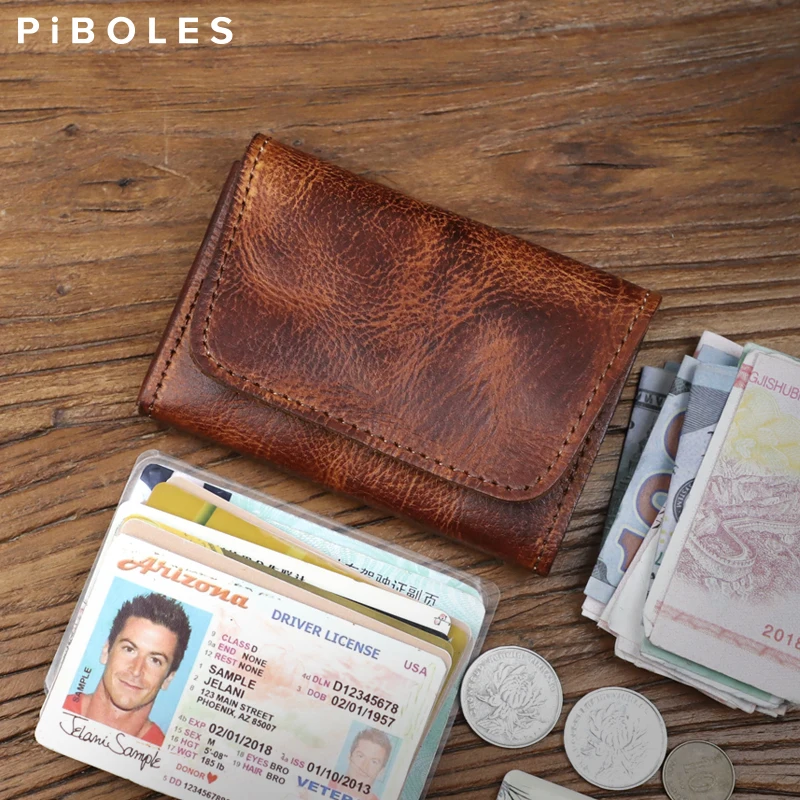 Vintage Genuine Leather Card Wallet Handmade Cowhide Credit Card Holder Box ID Card Case Small Storage Coin Purse Money Bag Men