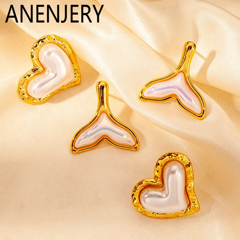 ANENJERY 316L Stainless Steel Imitation Pearl Square Heart Fish tail Earrings For Women Creative Elegant Jewelry Gifts Wholesale