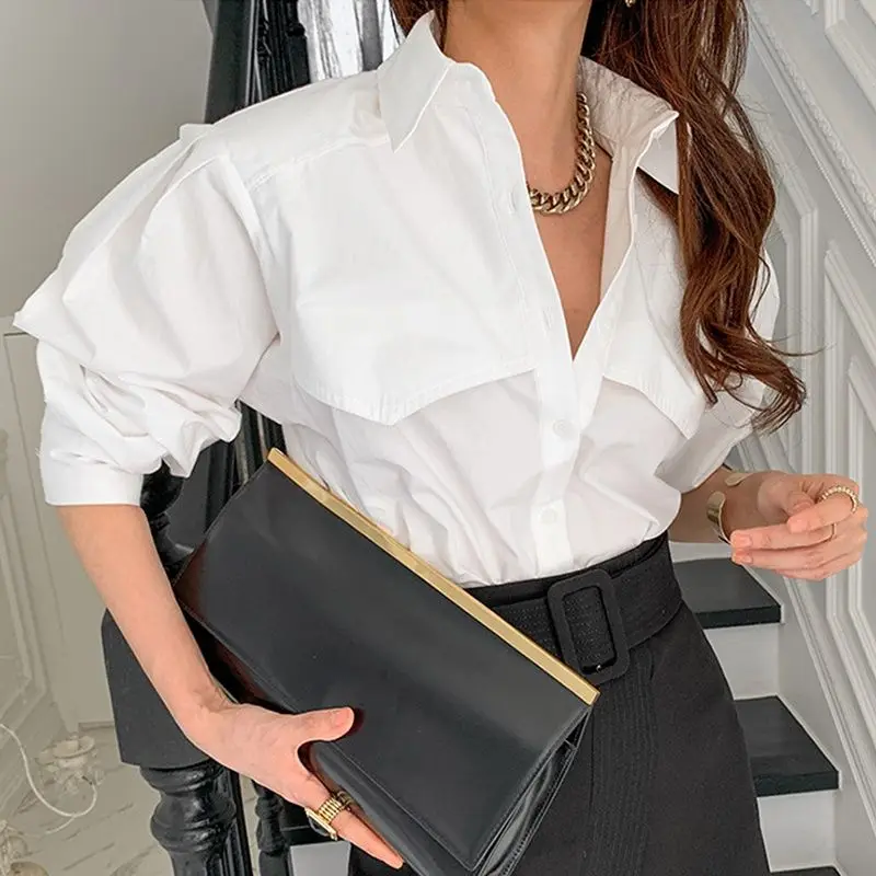 Elegant White Chiffon Blouses Women Cotton Chic Puff Sleeve Old Money Style Long  Shirts Casual Loose Office Wear 2024 Top