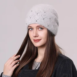 Hat Women Winter Angora Knit Beanie Rhinestone Double Layer Warm Accessory For Cold Weather Autumn Sports Skiing Outdoor Holiday