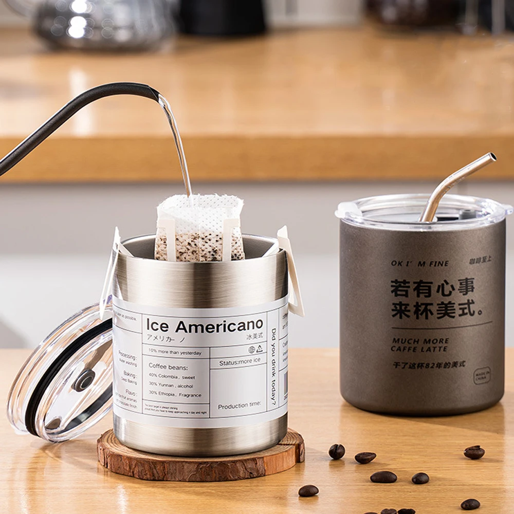 304 Stainless Steel Ice American Style Keep Cold Coffee Cup Double Vacuum Mug Home Double Drinking Lid Portable Insulation Cup