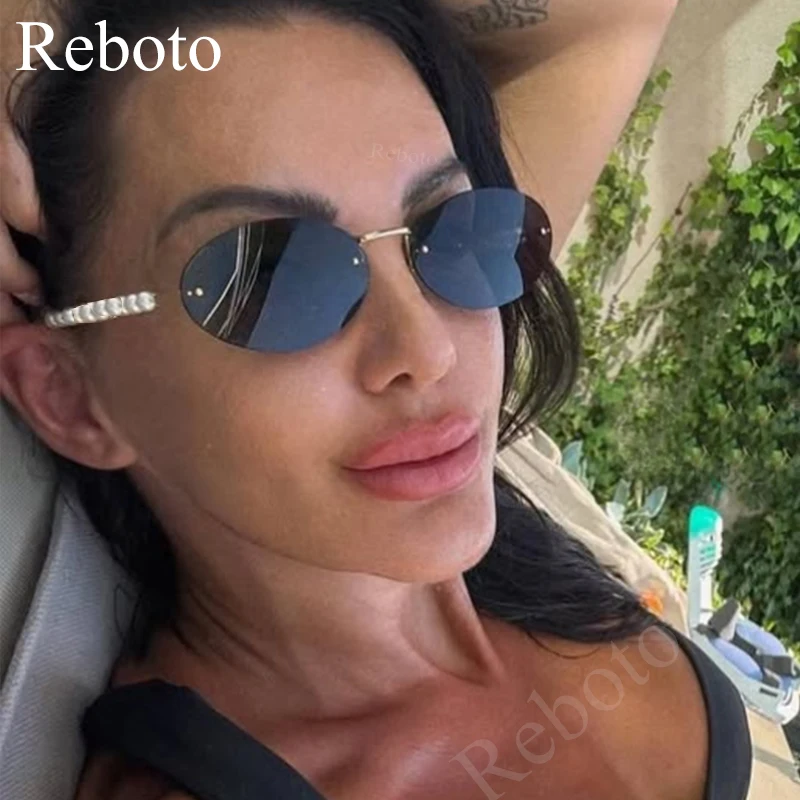 

Luxury Brand Oval Sunglasses for Women Fashion Rimless Pearls Sun Glasses Ladies High Quality Eyewear Vintage Glasses Shades