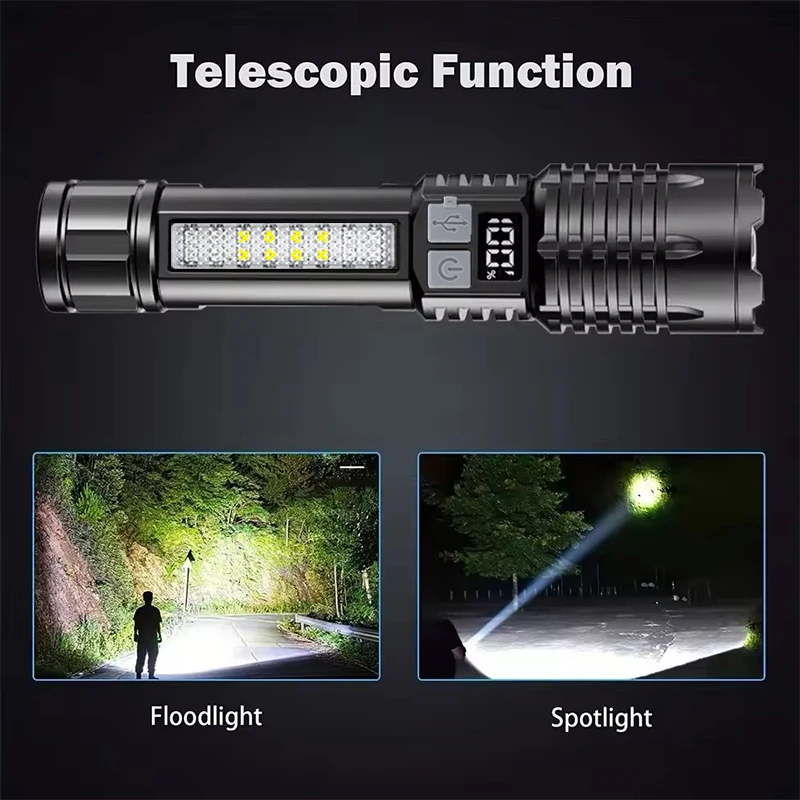 Powerful LED Flashlight Super Bright White Laser Tactical Light Built-in Battery Rechargeable Lantern Side Light Outdoor Torch