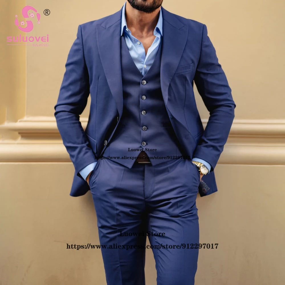 Fashion Casual Suit For Men Slim Fit 3 Piece Jacket Vest Pants Set Male Business Blazer Formal Groom Wedding Peaked Lapel Tuxedo