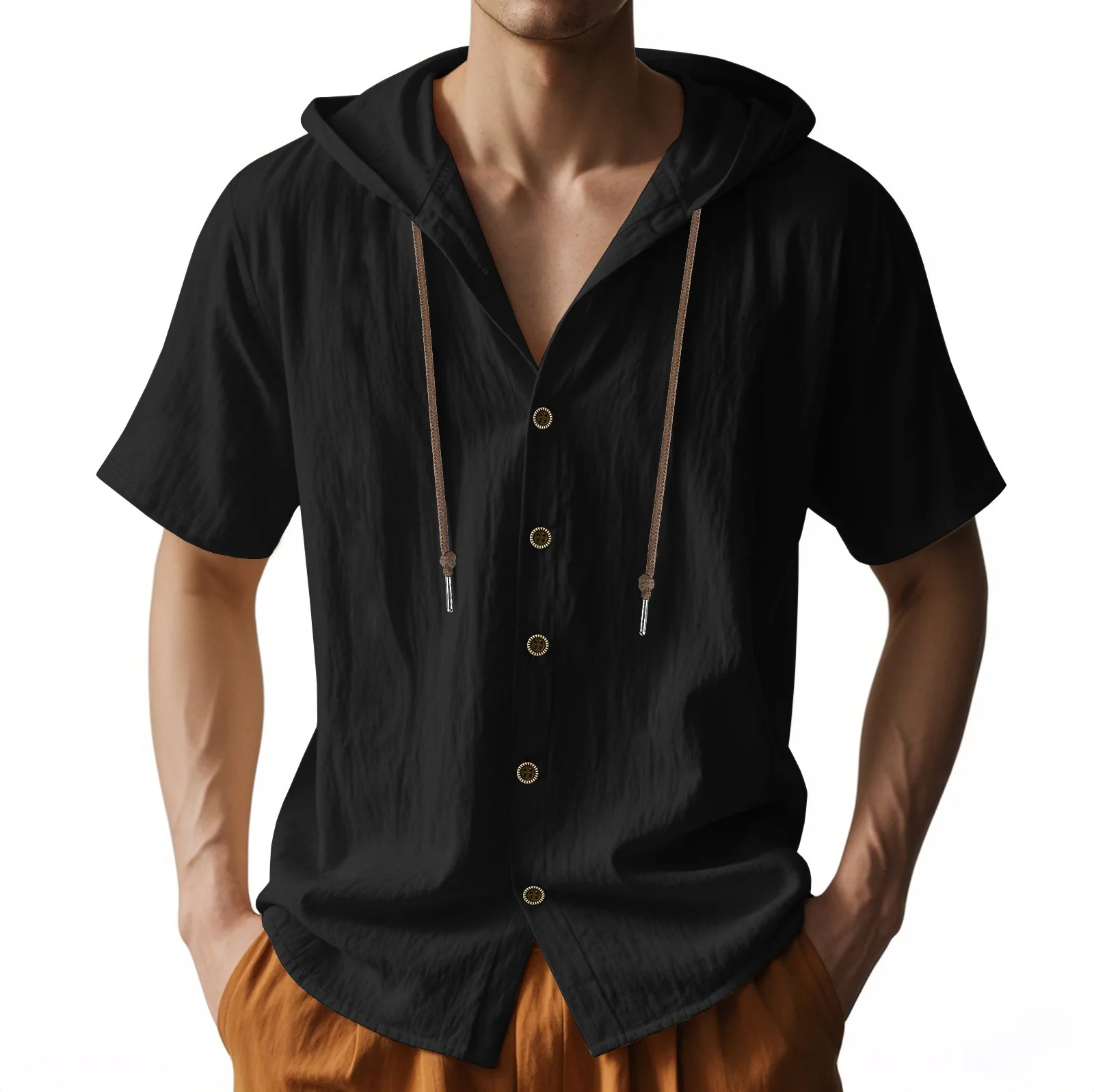 

New American summer men's shirt, thin breathable linen solid color fashion loose hoodie, men's short-sleeved shirt