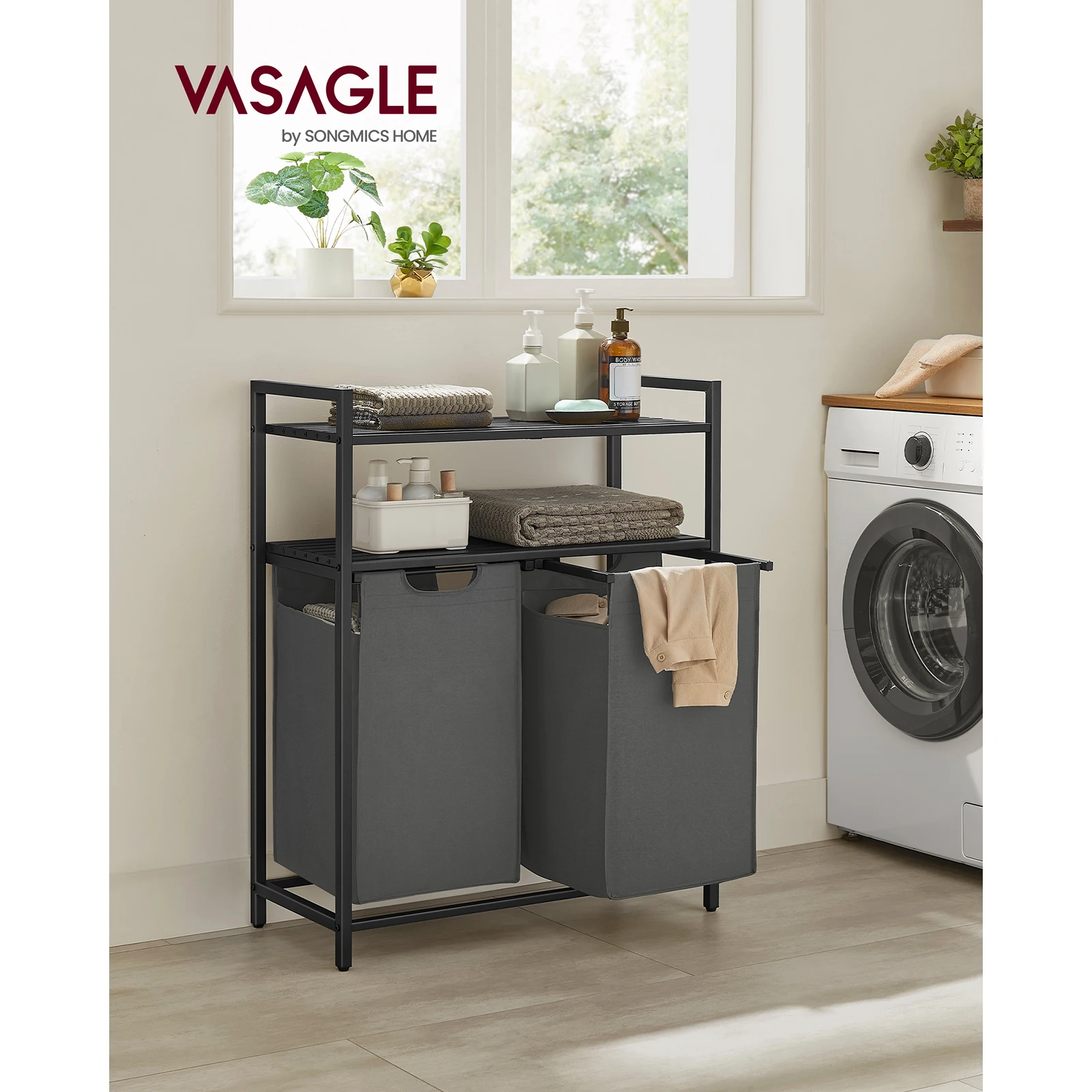 VASAGLE Laundry Basket, Laundry Hamper, Laundry Sorter with 2 Pull-Out and Removable Bags, 2 Shelves, 46L Capacity per Bag