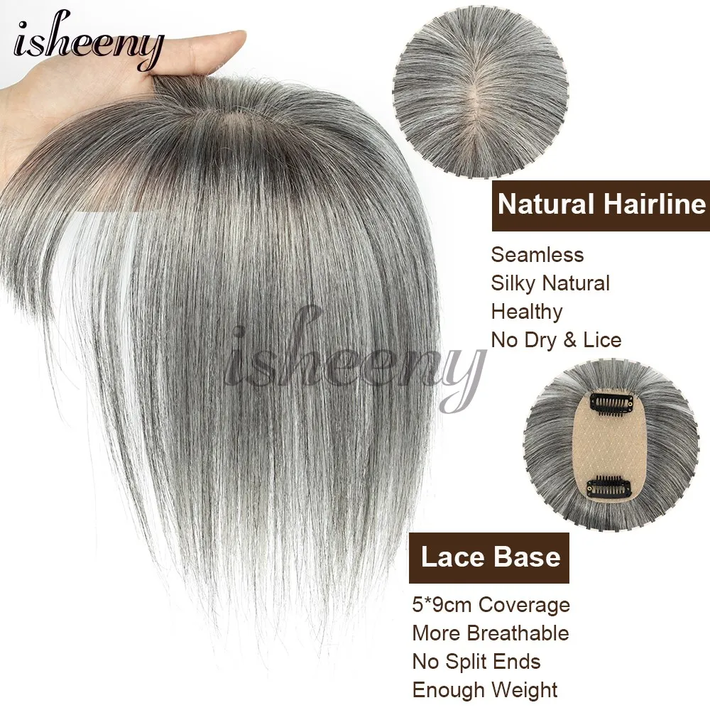 Isheeny Echthaar-Topper-Extensions, Mittelteil mit Pony, glatte Haarteile, glattes Mischen, 5 x 9 cm Basisnetz