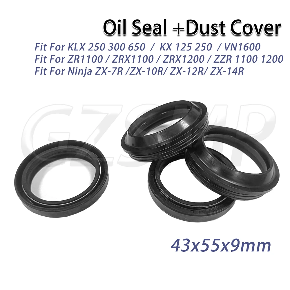 

43x55x9 Front Fork Oil Seal & Dust Cover Fit for Kawasaki KLX250 300 650 KX125 250 VN1600 ZRX1100 Ninja ZX-10R ZX-14R