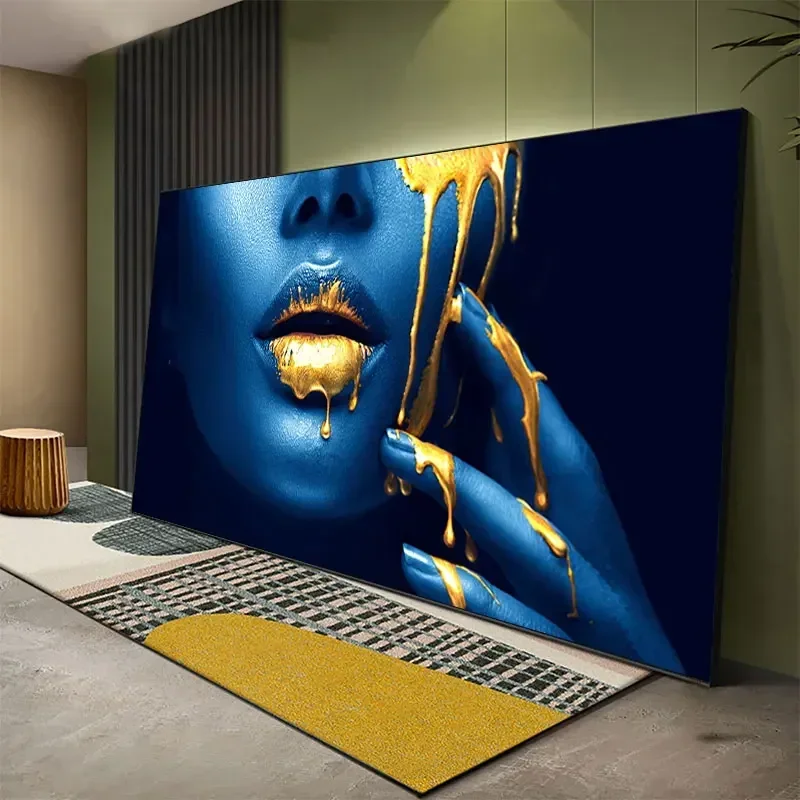 Large Size Black Woman with Sexy Gold Lips Oil Painting Poster Modern Wall Cuadros Home Roon Decoration Unframed Wall Art