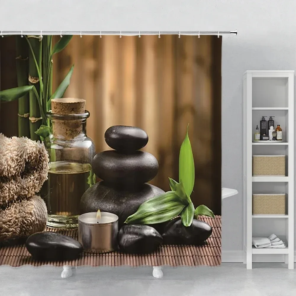 

Зеленые бамбуковые занавески для душа Zen Stone Lotus Stream Спа Пейзаж Ванная комната Водонепроницаемая занавеска для ванной Ткань Домашний декор для ванны