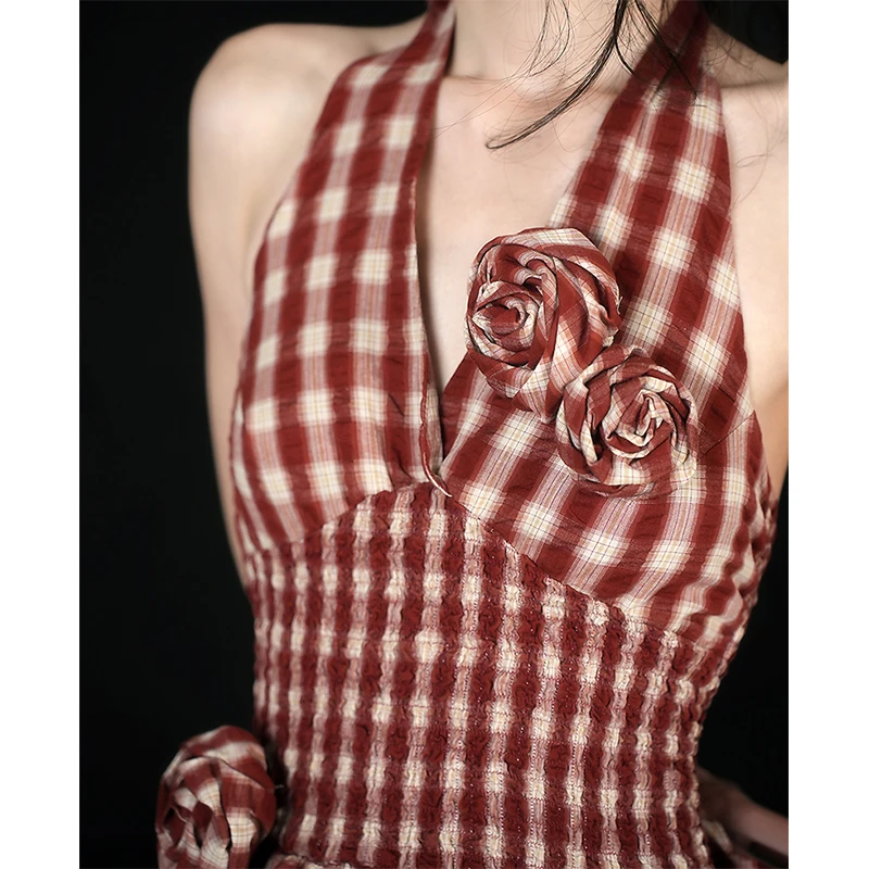 Mexzt vintage xadrez vestido longo feminino férias praia sexy halter floral maxi vestidos de verão coreano sem costas bodycon vestidos novo