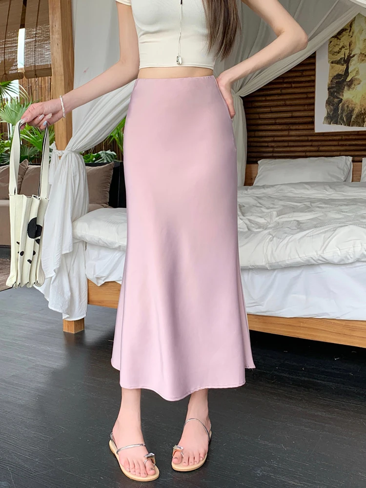White Satin Drapey High Waist Women's Midi Skirt Slimming A-Line Fi Tail Skirt Commute Korean Sle Polyester Fiber