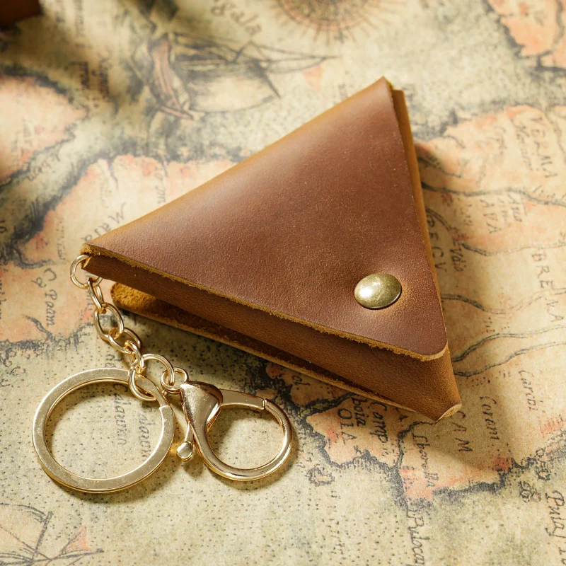 High-end Leather Coin Purse With Key Ring Simple Triangle Hasp Coin Holder Handmade Practical Cowhide Leather Small Bag