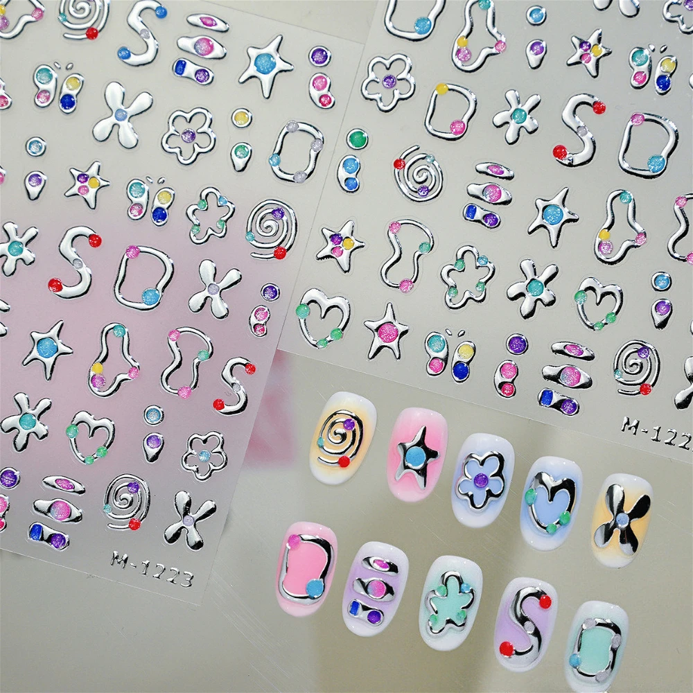 

Dopamine Silver Geometric Lines Flowers Stars Butterfly Colored Glitter Gem Jelly 3D Nail Art Stickers Lovely Manicure Decals