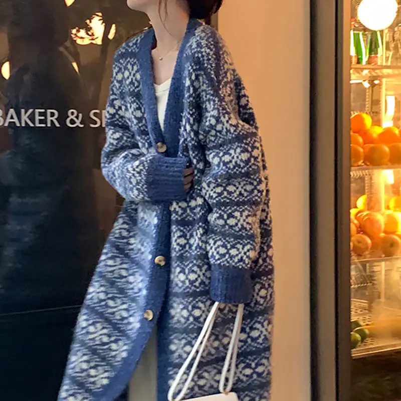 

Western Style Long Sweater, Loose and Lazy Cardigan Jacket, Women Jacquard Contrasting Color Knitted Sweater, Shawl Outer Outfit