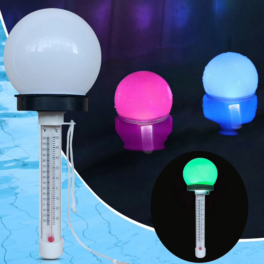 Floating Pool Thermometer with Solar LED Light Waterproof Water Temperature Measuring Tool Multifunction for Swimming Pool Bath