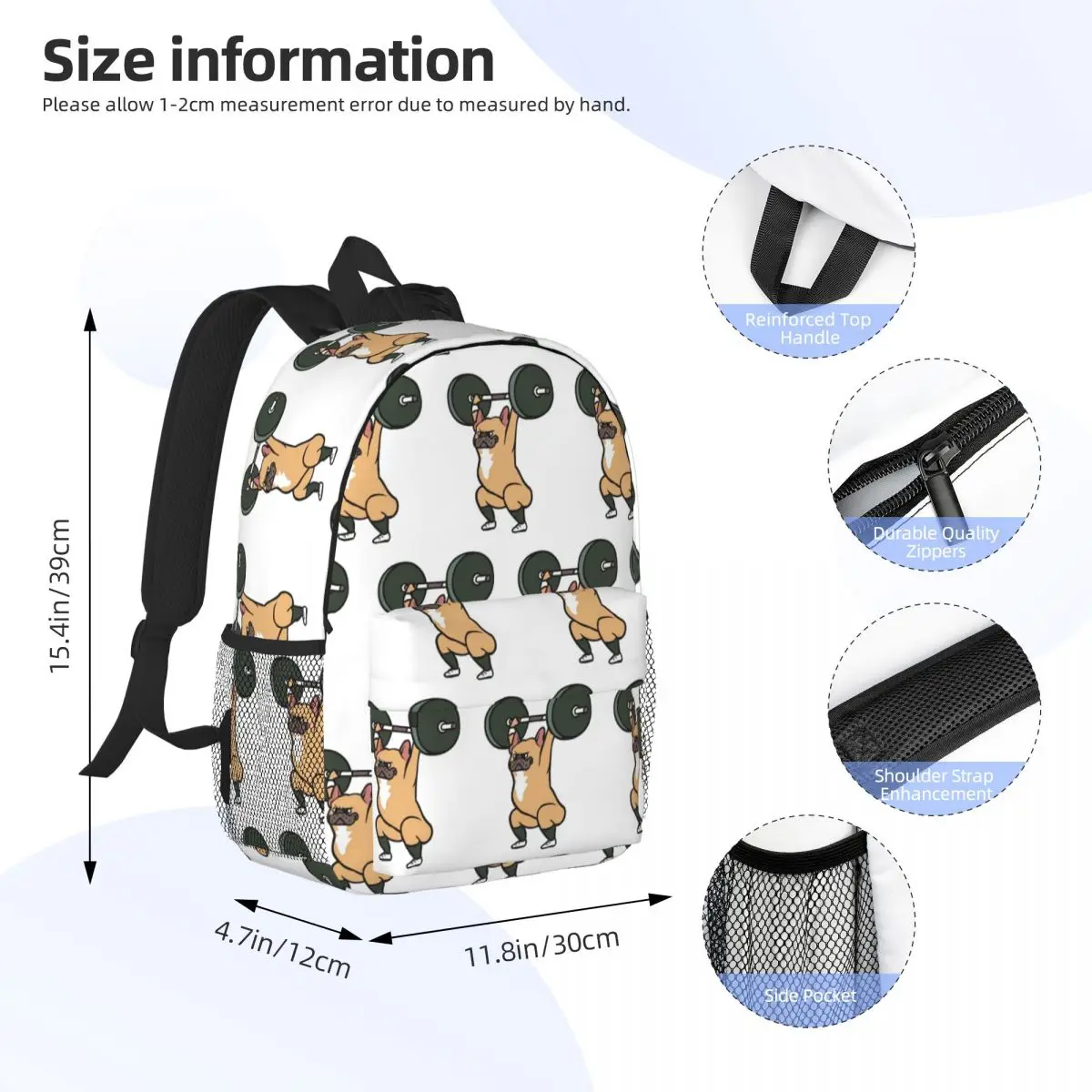 The Snatch Weightlifting French Bulldog Backpacks Boys Girls Bookbag Fashion Students School Bags Travel Rucksack Shoulder Bag