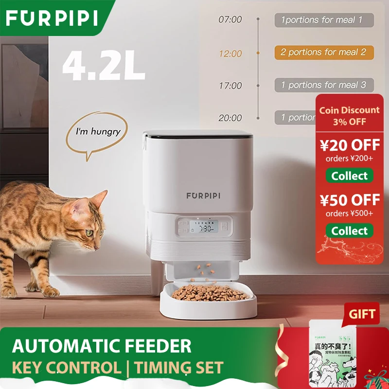 

Furpipi-Smart Cat Feeder with Key Control, User-Friendly Time Setting, Automatic Food Dispenser for Pets, Dogs and Cats