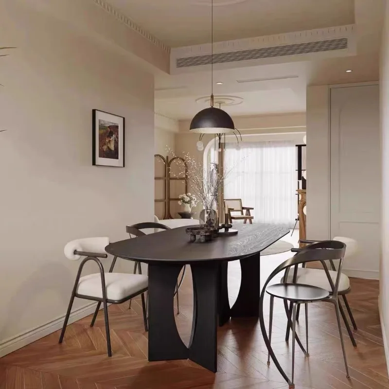 

Medieval black solid wood dining table French retro oval modern simple rectangular log tea