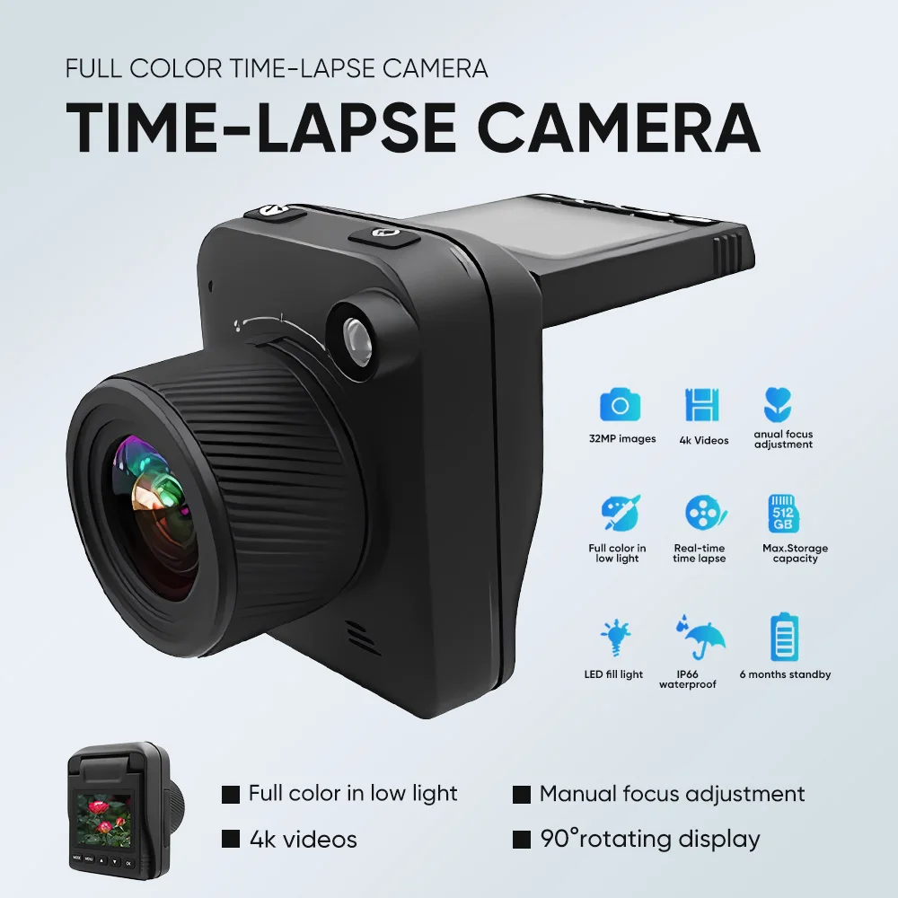 Macro Time-Lapse 4K Camera Low-Light Full-Color Night Vision 6 Months Standby for Security/Construction/Flower/Plant Recording