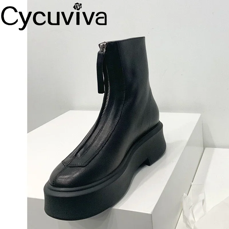 Chunky Square Heel Chelsea Boots Ladies Front Zipper Genuine Leather Women Winter Shoes Motorcycle Ankle Boots For Women