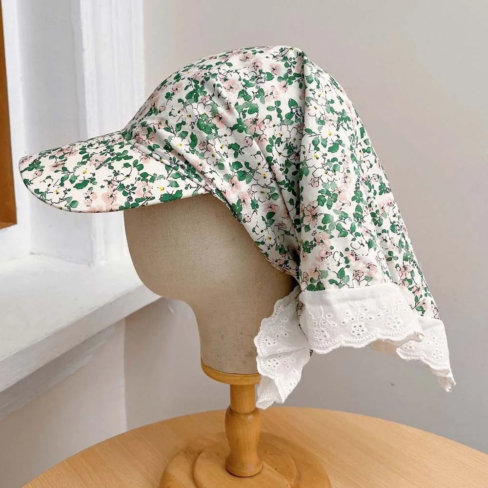 Cycling Rural Style Headscarf Baseball Hat Lace Breathable Scarf Peaked Cap Cotton Floral Strappy Bandana Cap Outdoor