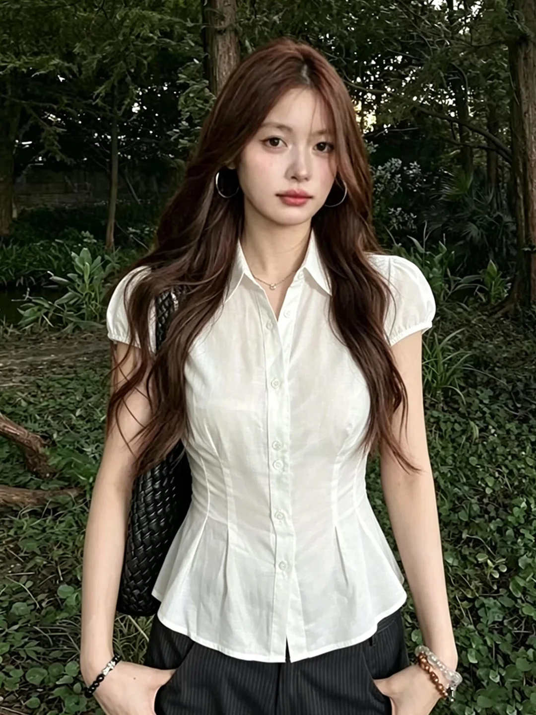 

French Style White Micro Transparent Bubble Short Sleeve Shirt Women's Summer Slimming Waist Design Sensation Commute Top